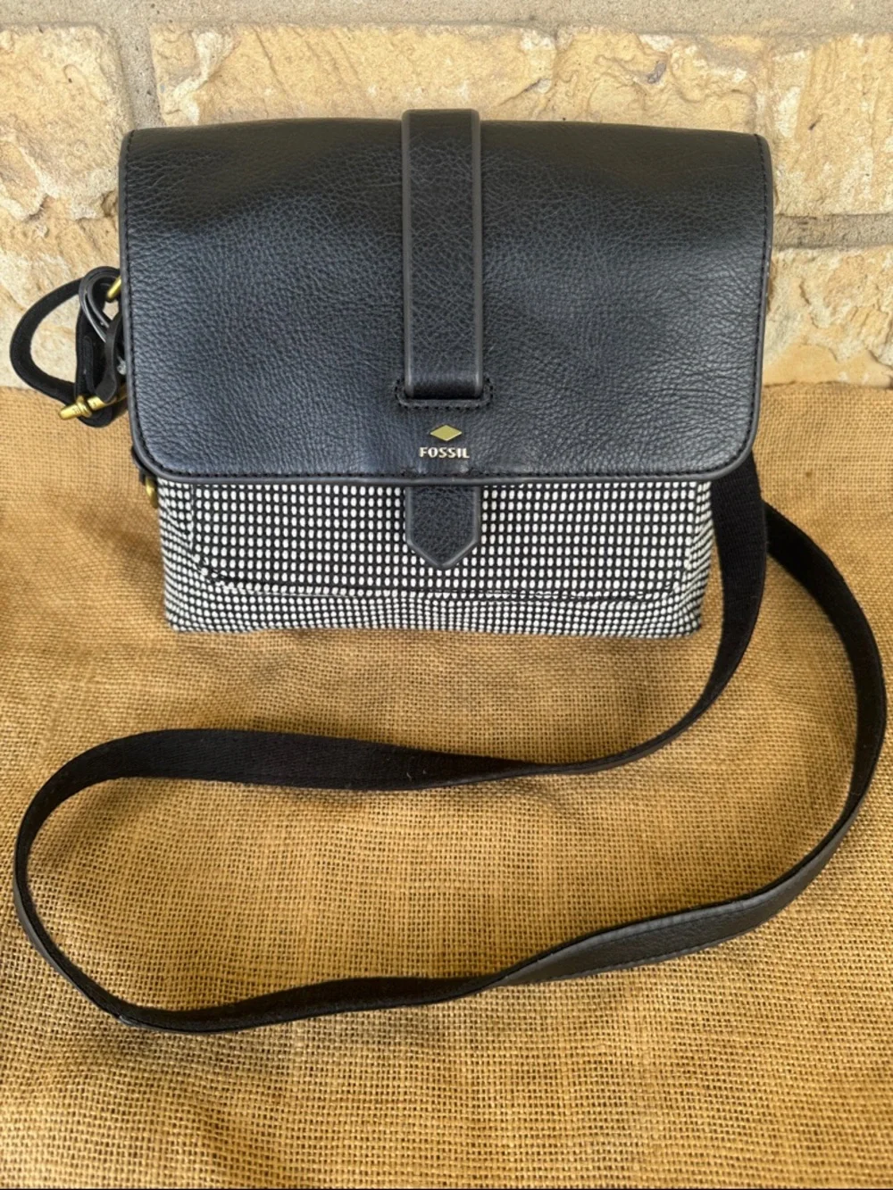 Fossil Black Leather Crossbody with Black & White Pattern NWOT